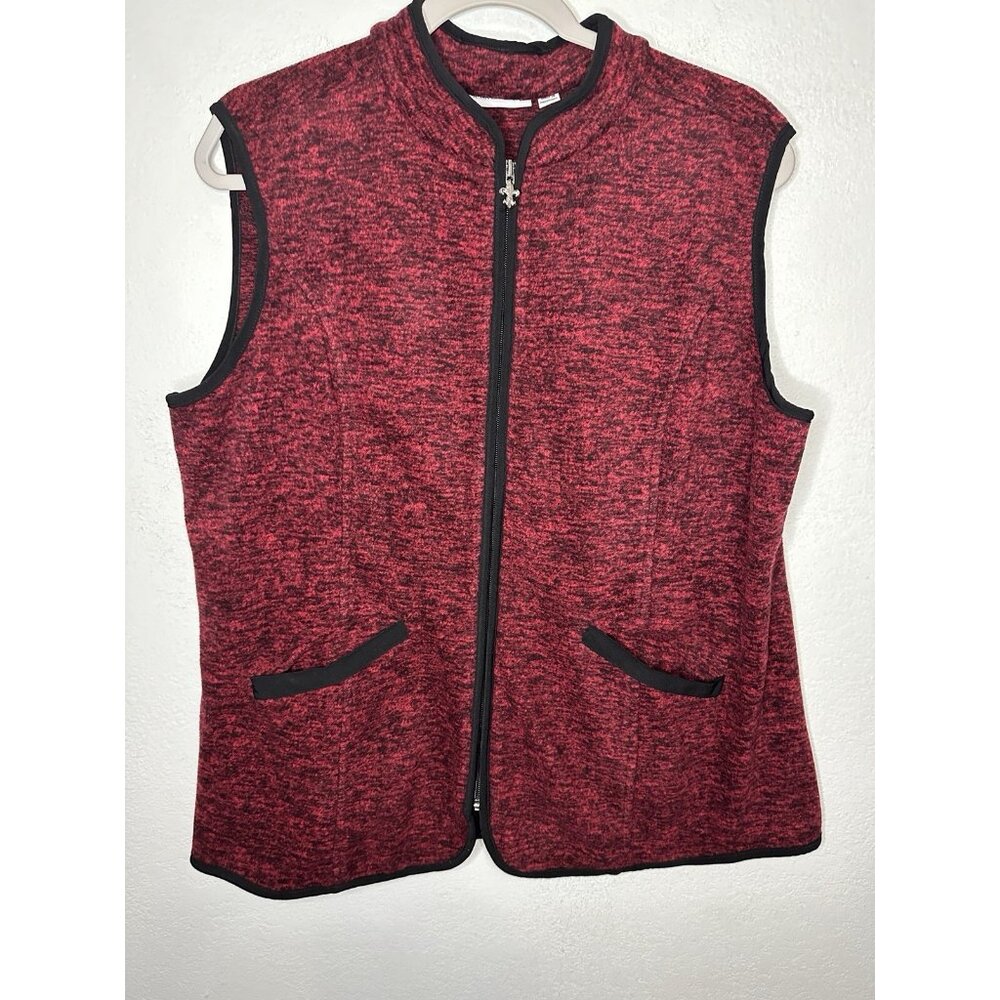 Susan Graver Red Melange Fleece Zip Front Vest w/ Solid Trim Size Large